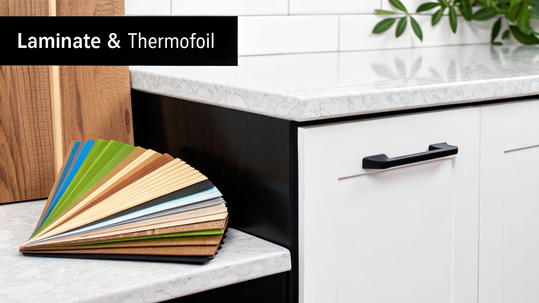 Kitchen countertop with white marble-patterned surface and fan of laminate and thermofoil material samples for cabinets.
