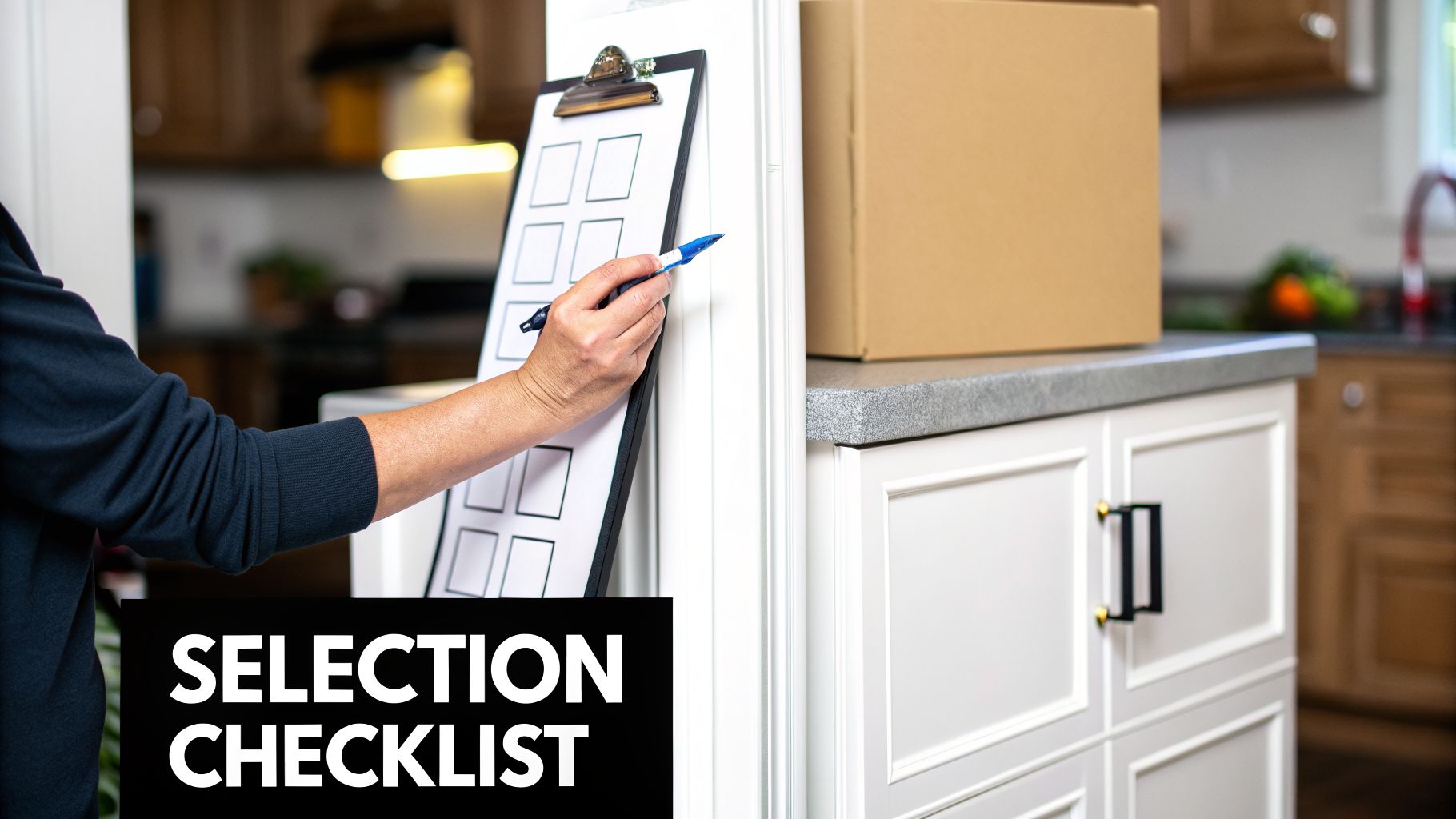 A person marks a selection checklist with a blue pen in a kitchen with white cabinets and a cardboard box.