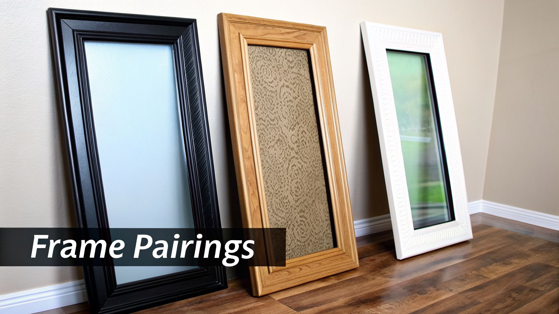 Three decorative rectangular frames in black, natural wood, and white leaning against a wall.