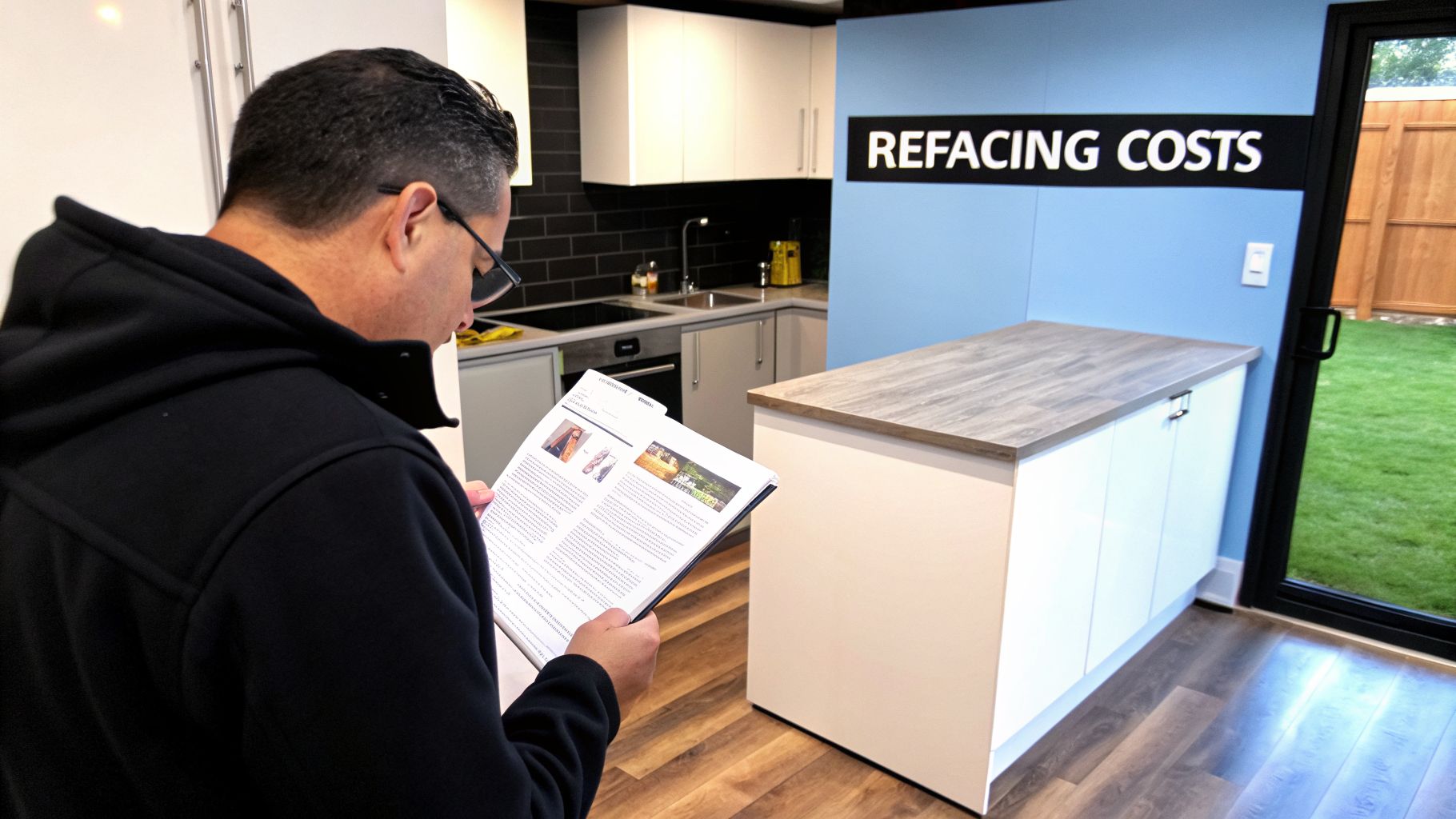 A man in a black hoodie reviews a document titled 'Refacing Costs' in a modern kitchen with an island.
