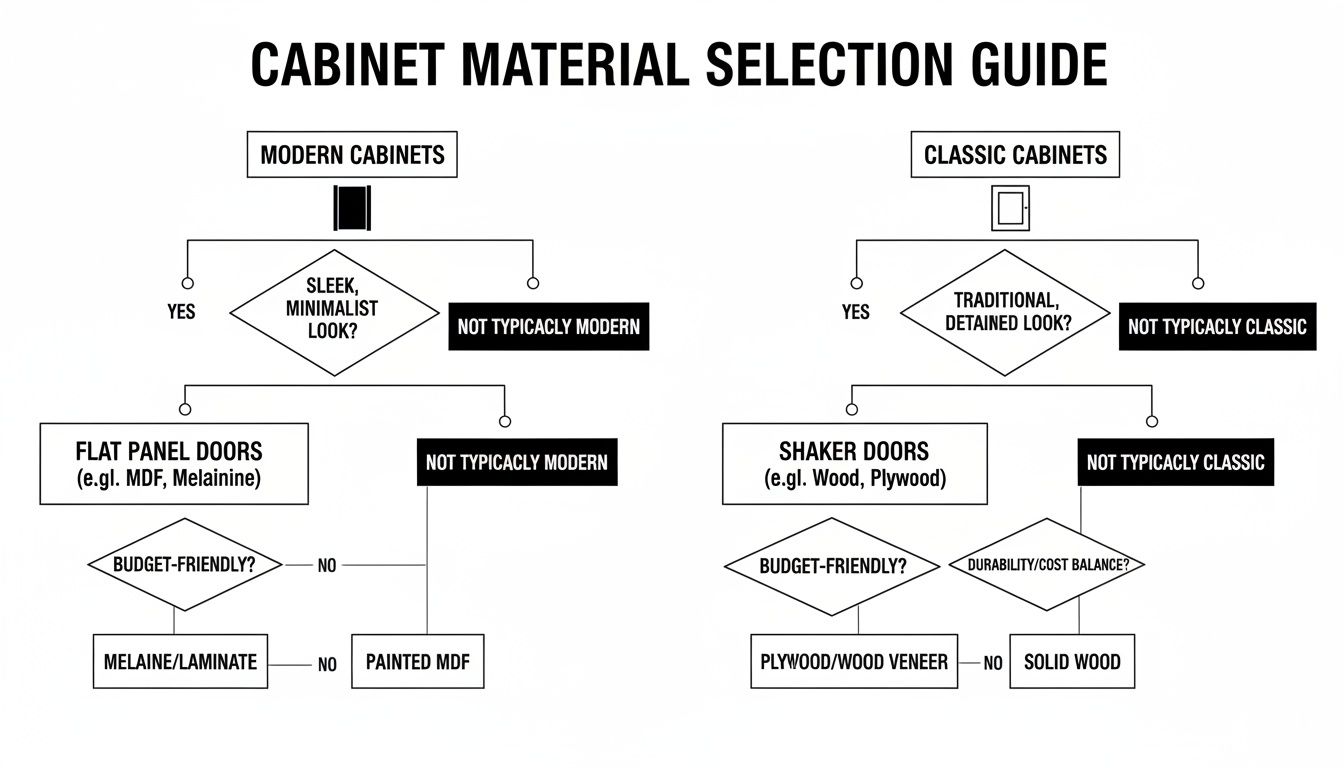 Flowchart guiding cabinet material selection for modern or classic styles based on look, door type, and budget.