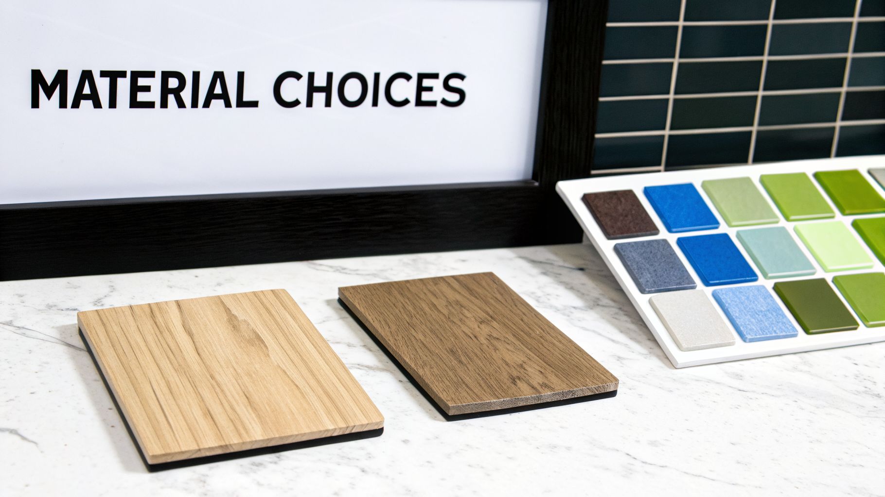 Various material samples including wood, fabric, and tile, displayed for home renovation choices.
