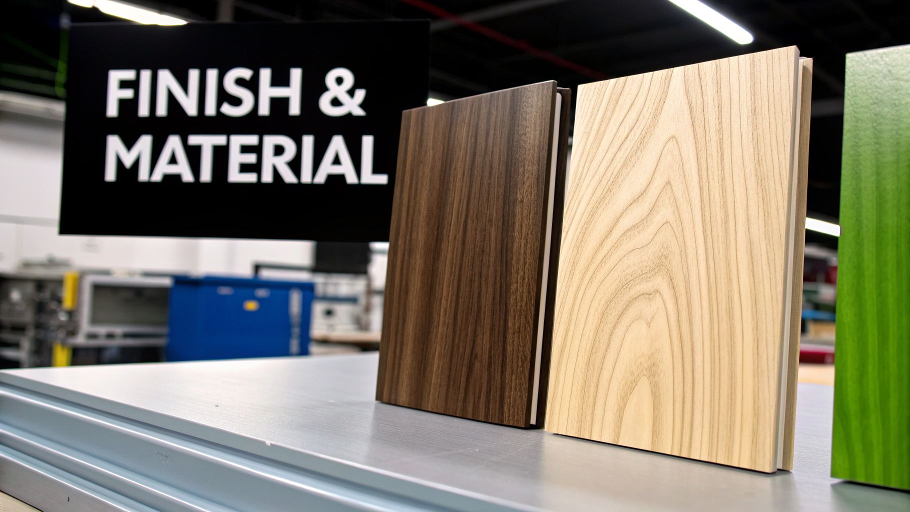 Wood and textured material samples displayed next to a 'FINISH & MATERIAL' sign.