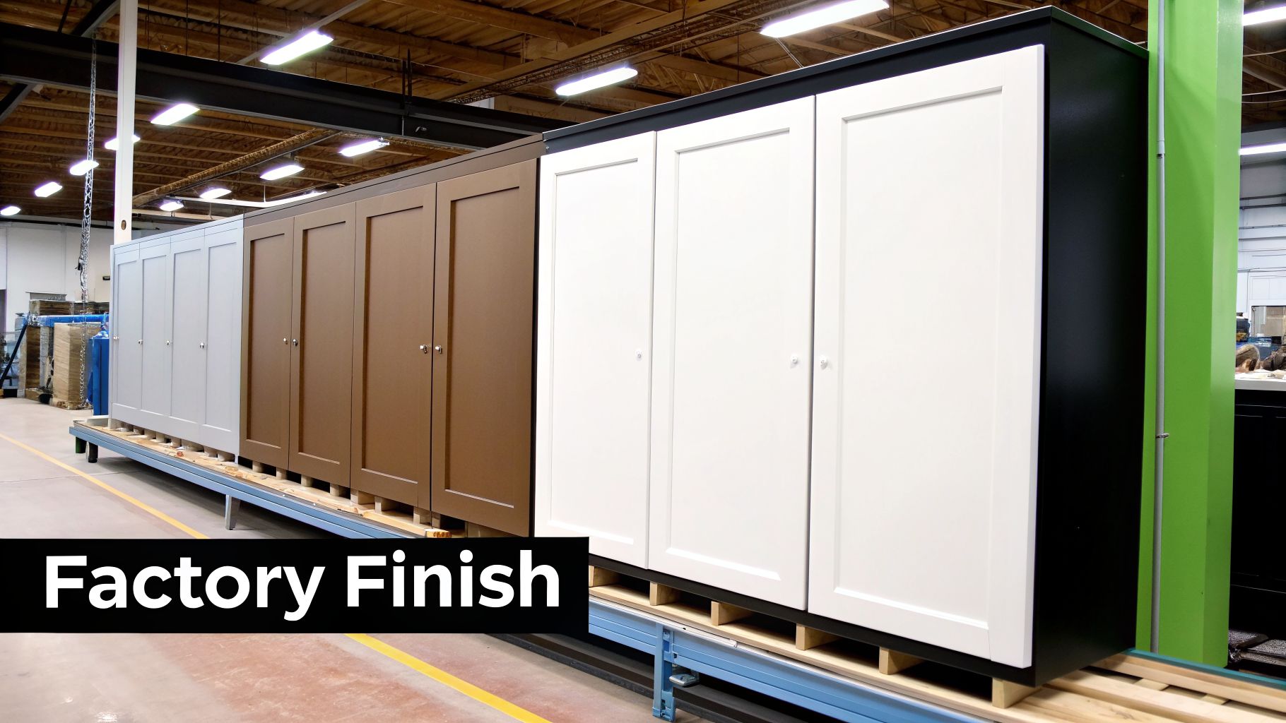 Several finished kitchen cabinets in various colors on an assembly line in a factory setting.