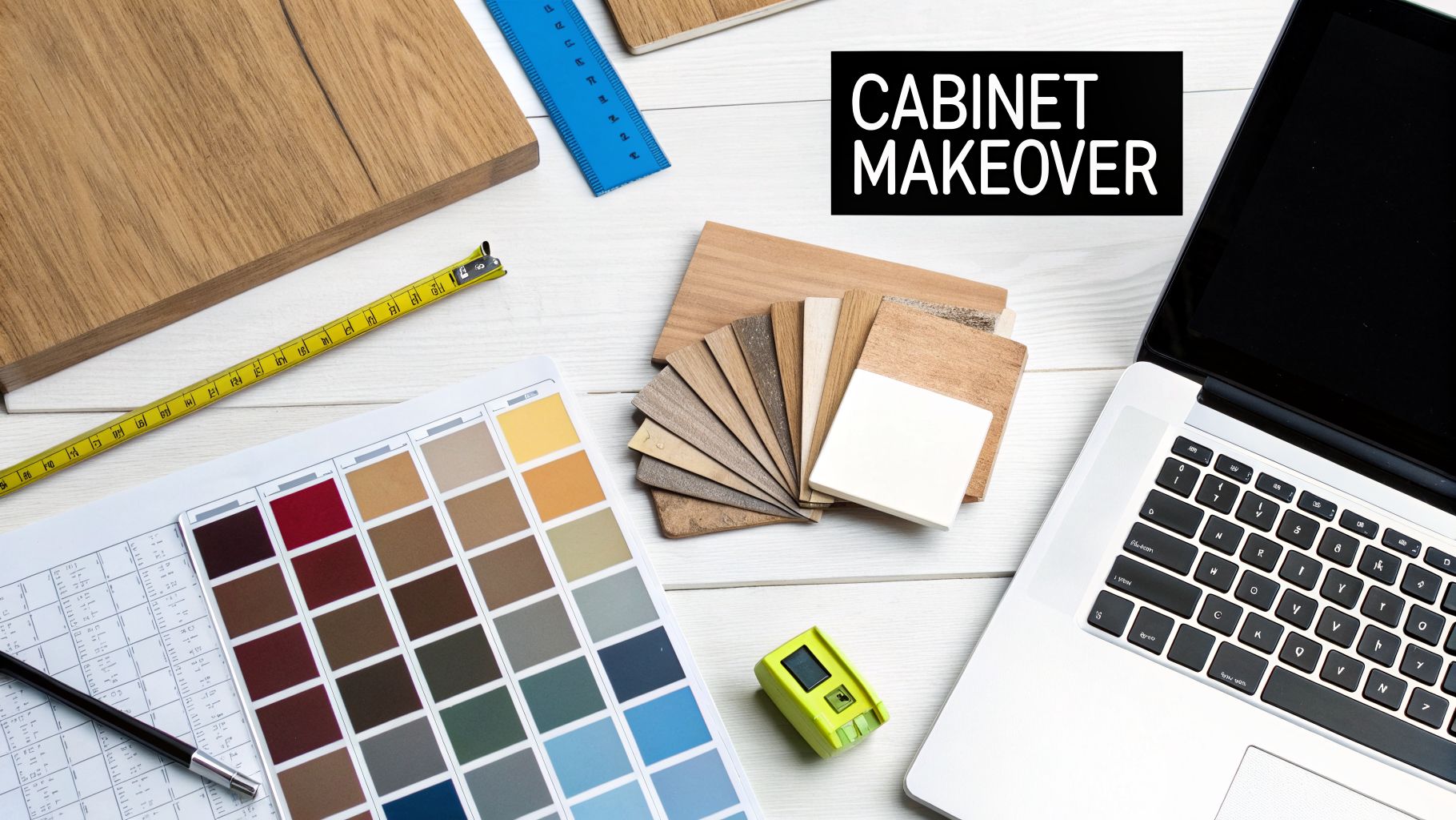 Flat lay of design elements for a cabinet makeover, including wood samples, paint palette, and tools.
