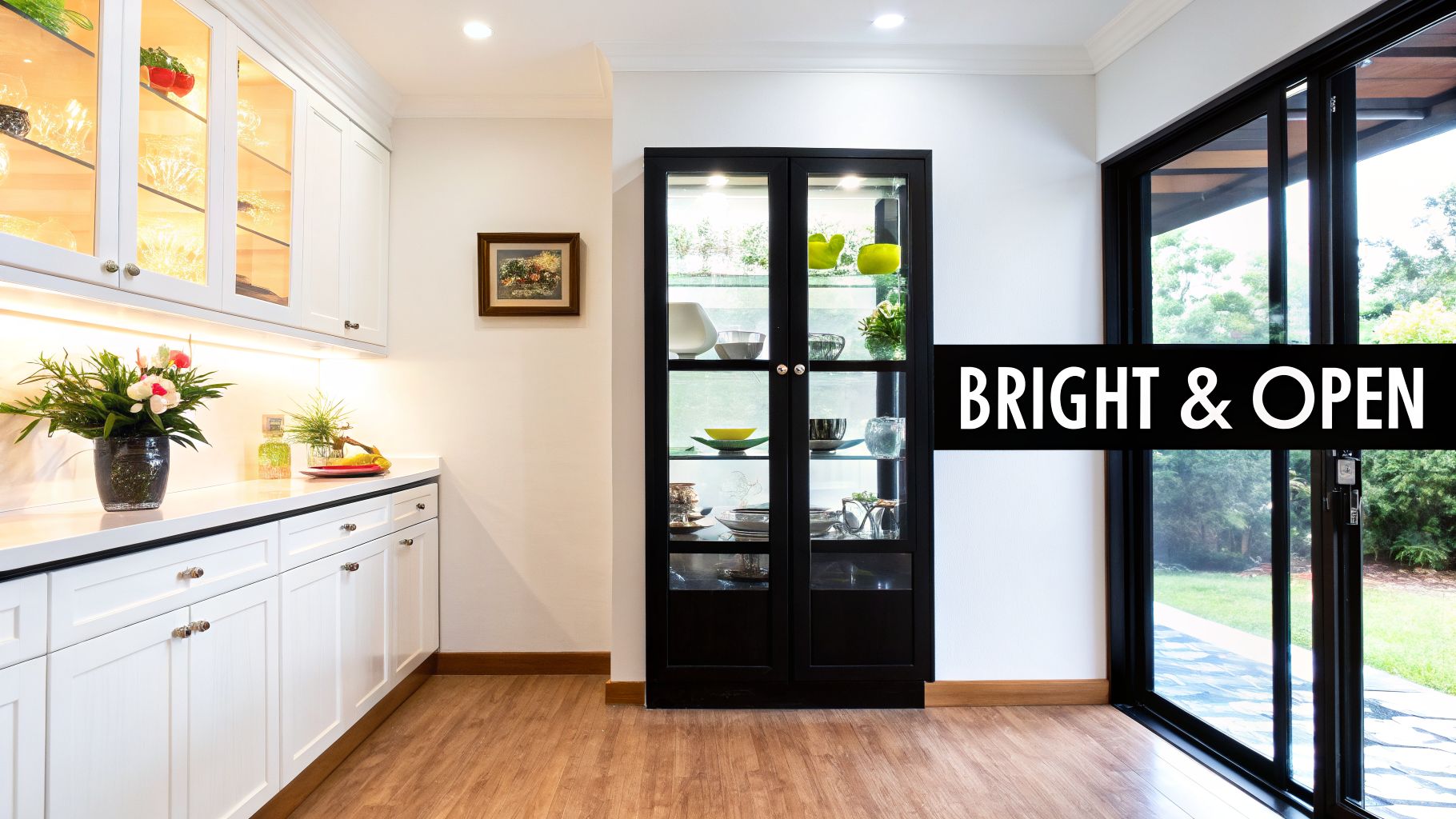 Modern kitchen featuring white glass-front cabinets, a black display unit, and large sliding doors.