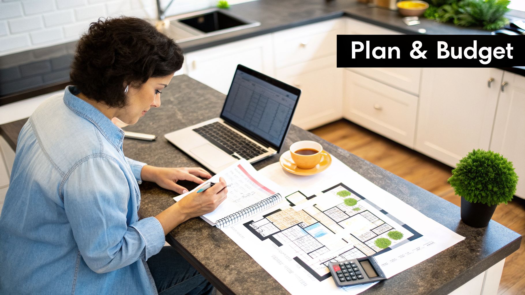 A woman plans a home design, writing in a notebook, with a floor plan, laptop, and calculator.