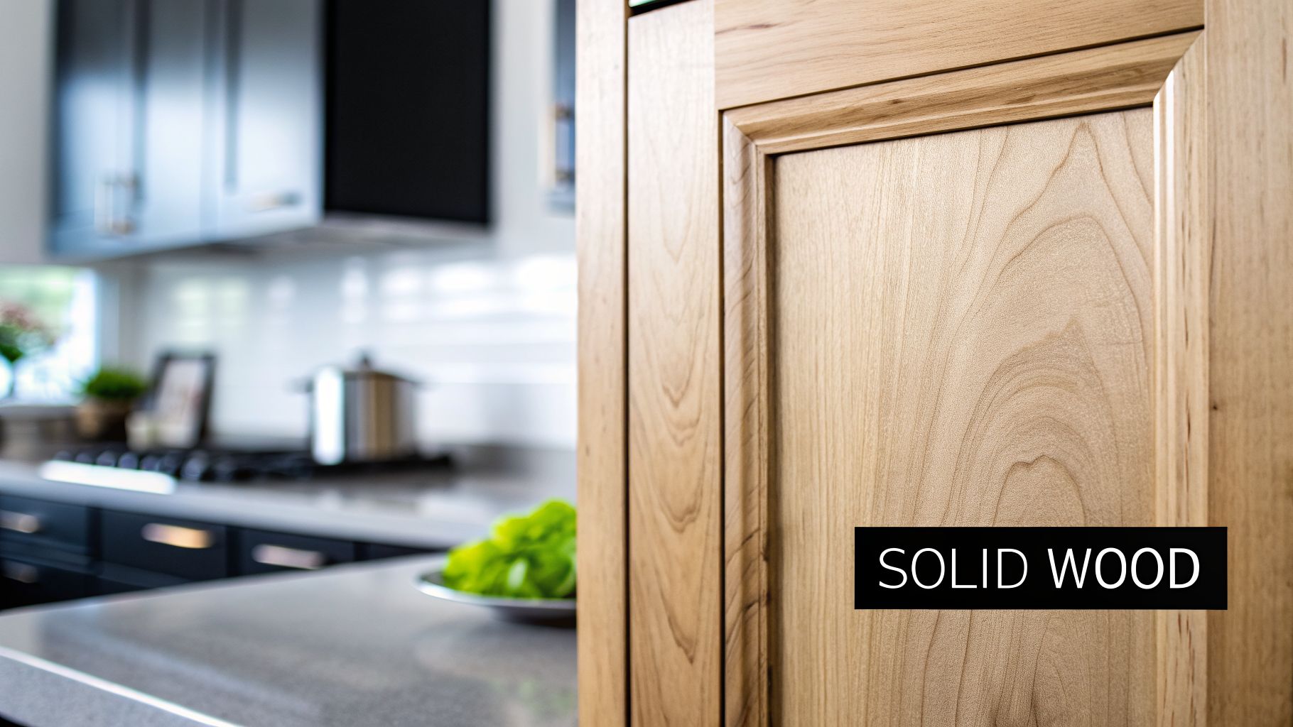 A light-colored solid wood kitchen cabinet door, showing natural grain, in a modern kitchen setting.