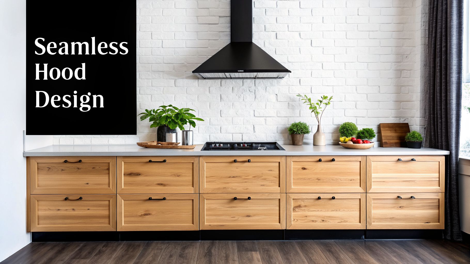 Stylish modern kitchen featuring a black seamless range hood, wooden cabinets, and white brick wall.