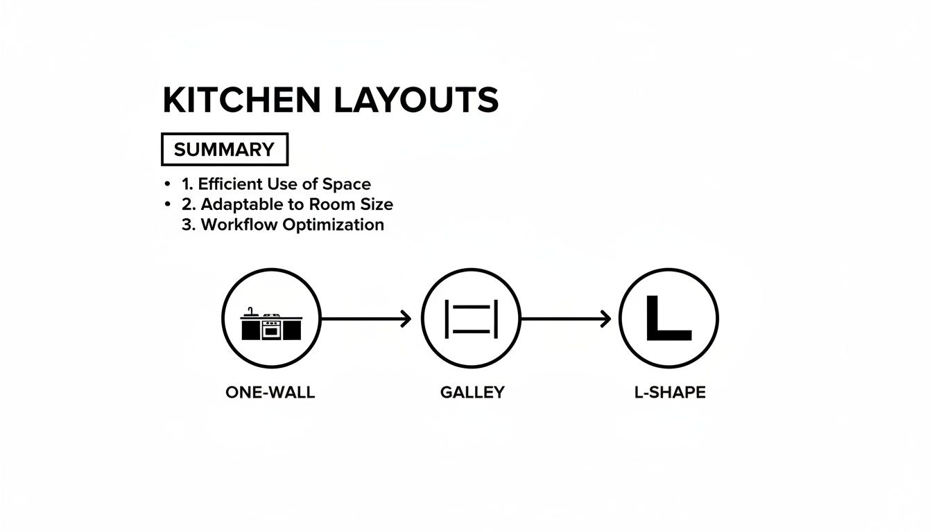 Overview of kitchen layouts including one-wall, galley, and L-shape designs, with a summary of benefits.