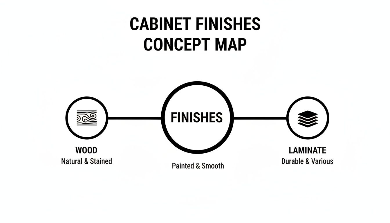 Concept map illustrating cabinet finishes, categorizing them into wood, laminate, and painted options.