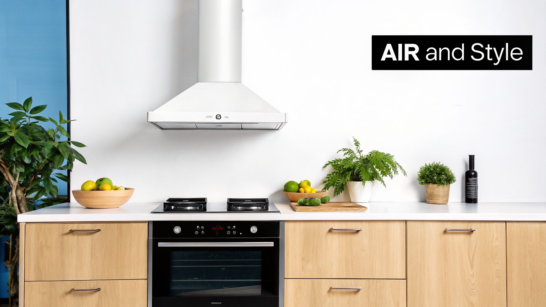 A modern white kitchen featuring a range hood, black appliances, wooden cabinets, and fresh green decor.