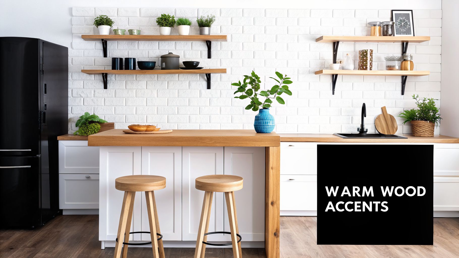 A stylish white kitchen with warm wood accents, featuring a black refrigerator, open shelving, and island seating.