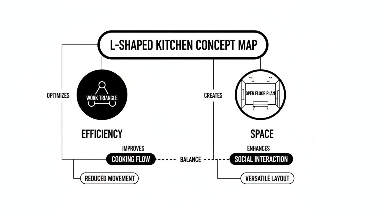 A concept map illustrating the benefits of an L-shaped kitchen, highlighting efficiency and space.