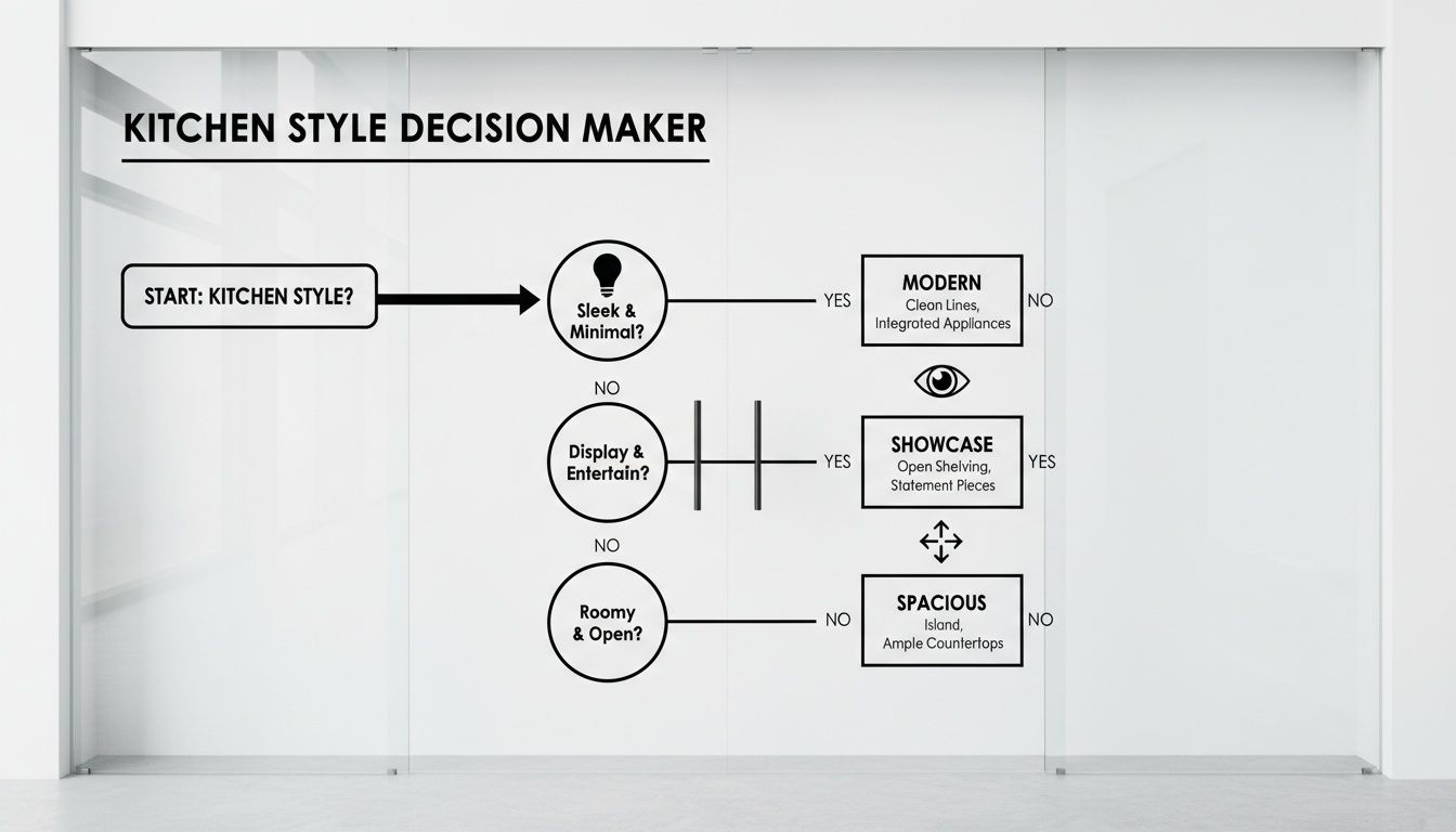 Flowchart guiding kitchen style decisions based on preferences like sleekness, display, and spaciousness.