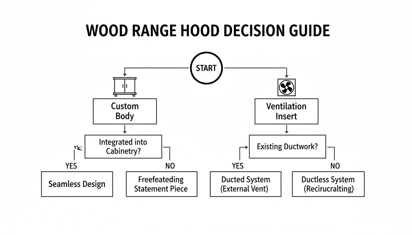 Flowchart illustrating the decision guide for wood range hoods, exploring custom body and ventilation options.