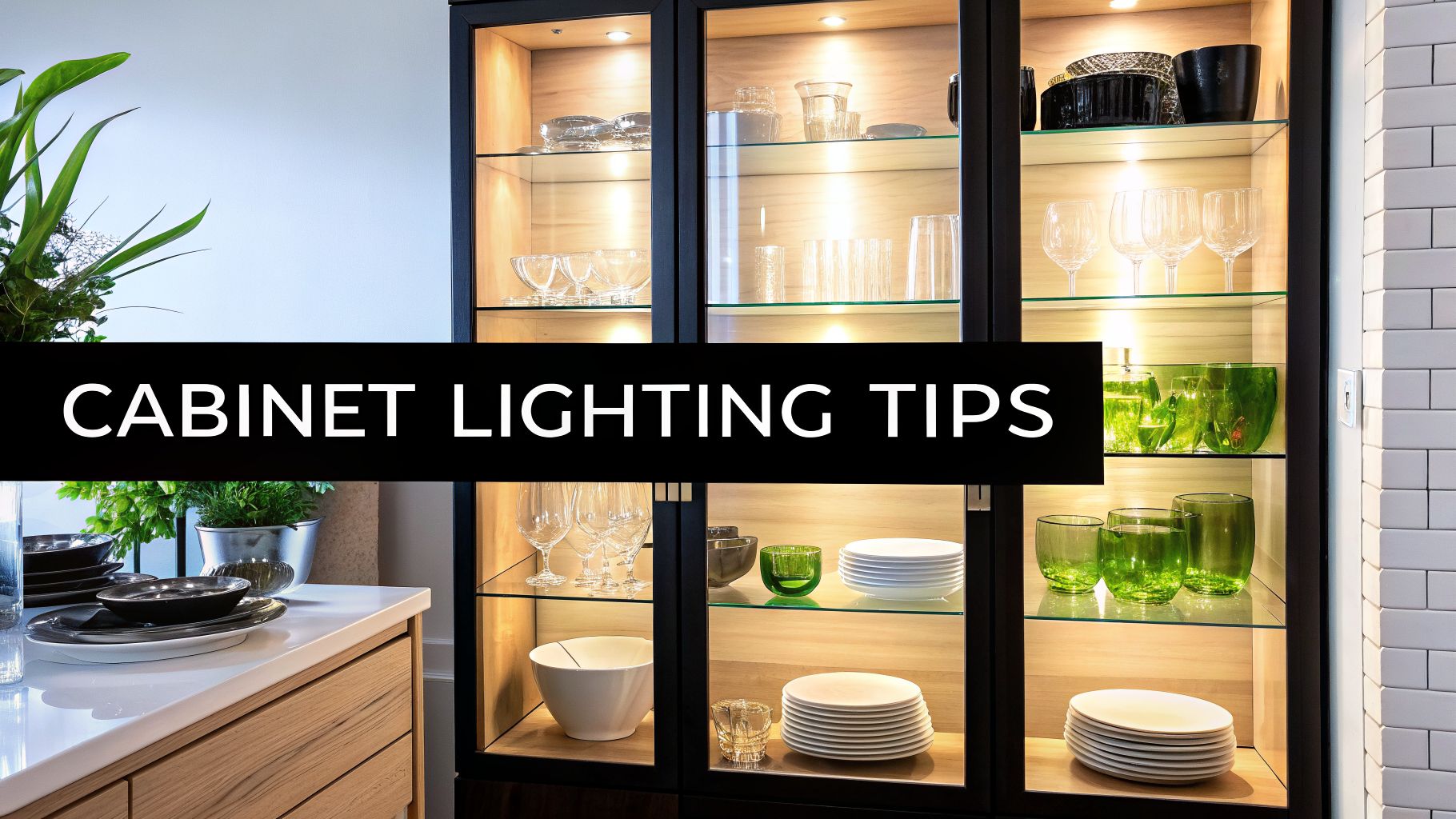Illuminated glass-door kitchen cabinets displaying dinnerware and glassware, with a banner 'CABINET LIGHTING TIPS'.