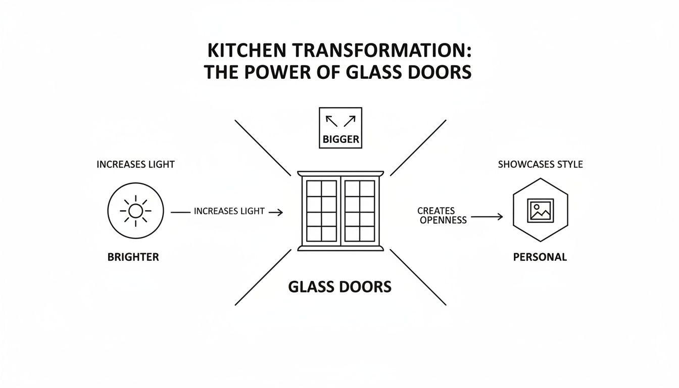 A diagram illustrating the benefits of glass doors for kitchen transformation, showcasing increased light, a bigger feel, openness, and personalized style.