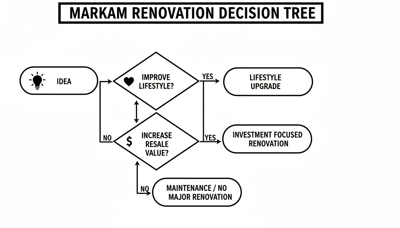 A flowchart illustrating the Markham renovation decision tree for home improvements, guiding choices based on lifestyle and resale value.