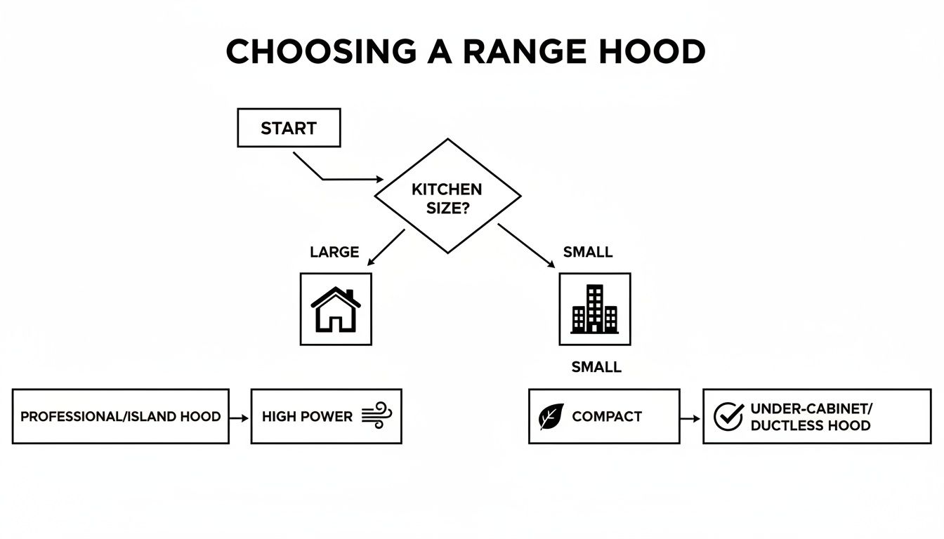 Flowchart guiding range hood selection based on kitchen size: large for professional/high power, small for compact/ductless.