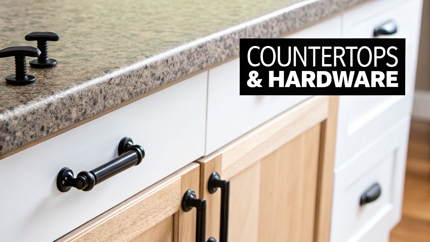 Close-up of kitchen countertops and cabinet hardware, featuring white and wood cabinets with black pulls.
