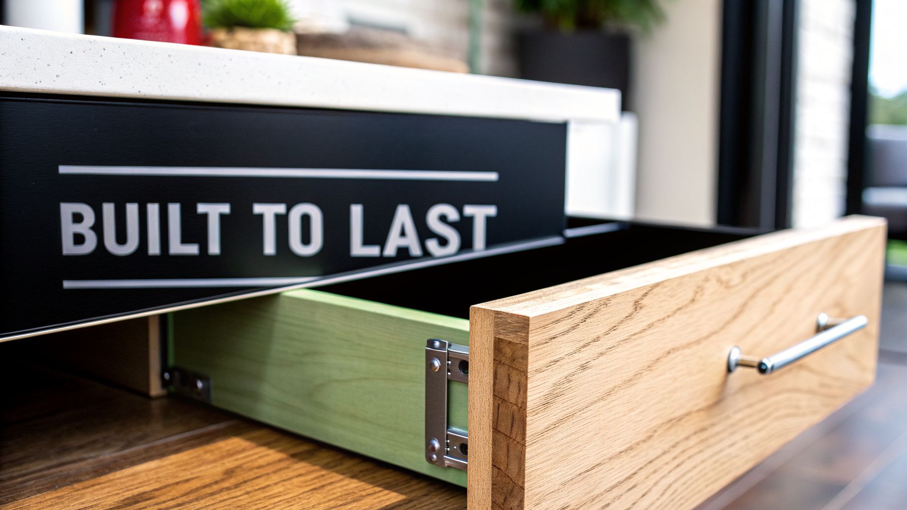Close-up of an open kitchen drawer featuring a 'BUILT TO LAST' message and green interior.