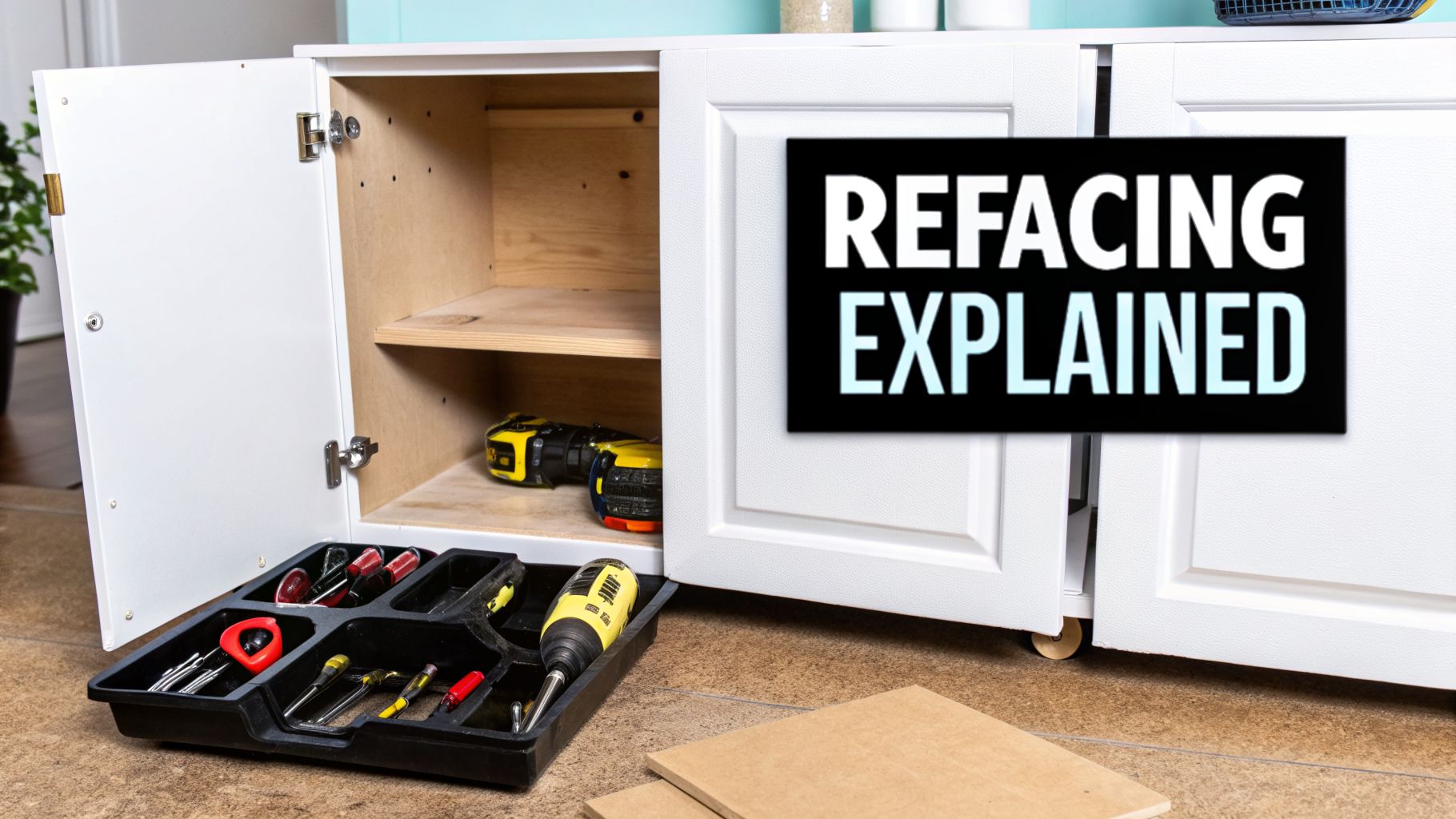Tools laid out for a cabinet refacing project, with an open white kitchen cabinet and various tools.