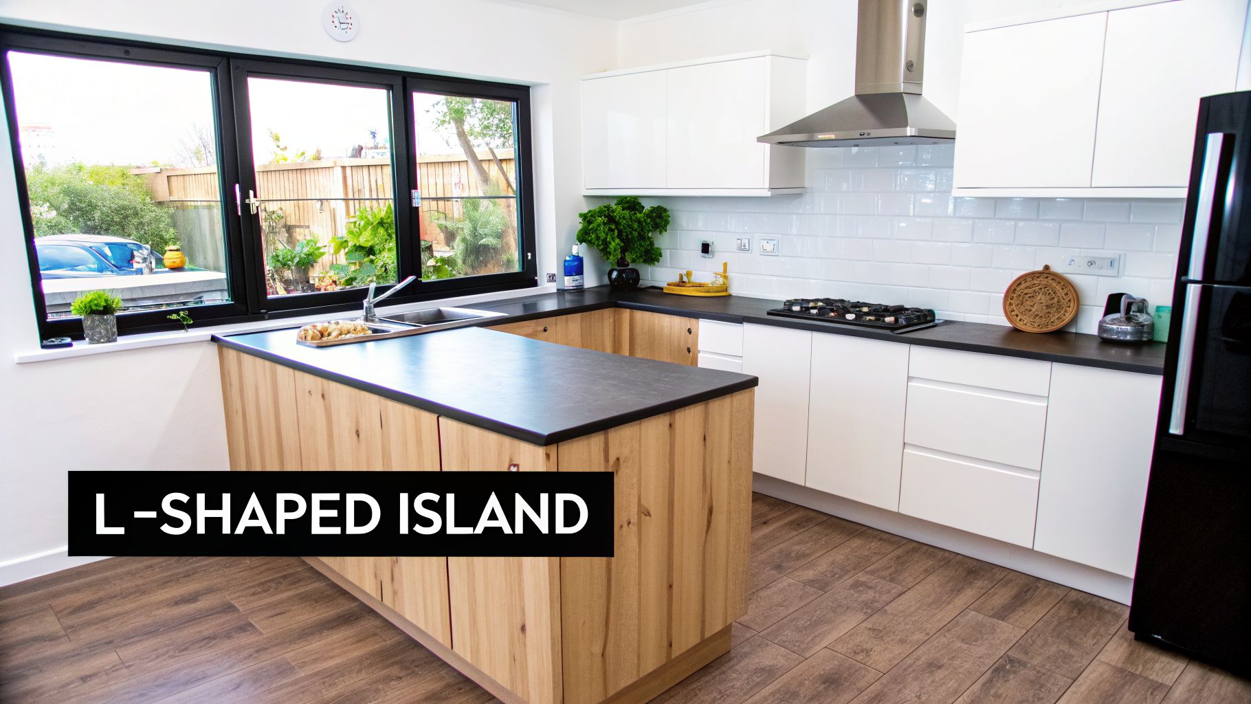 A bright, modern kitchen featuring an L-shaped island with a dark countertop and white cabinetry.