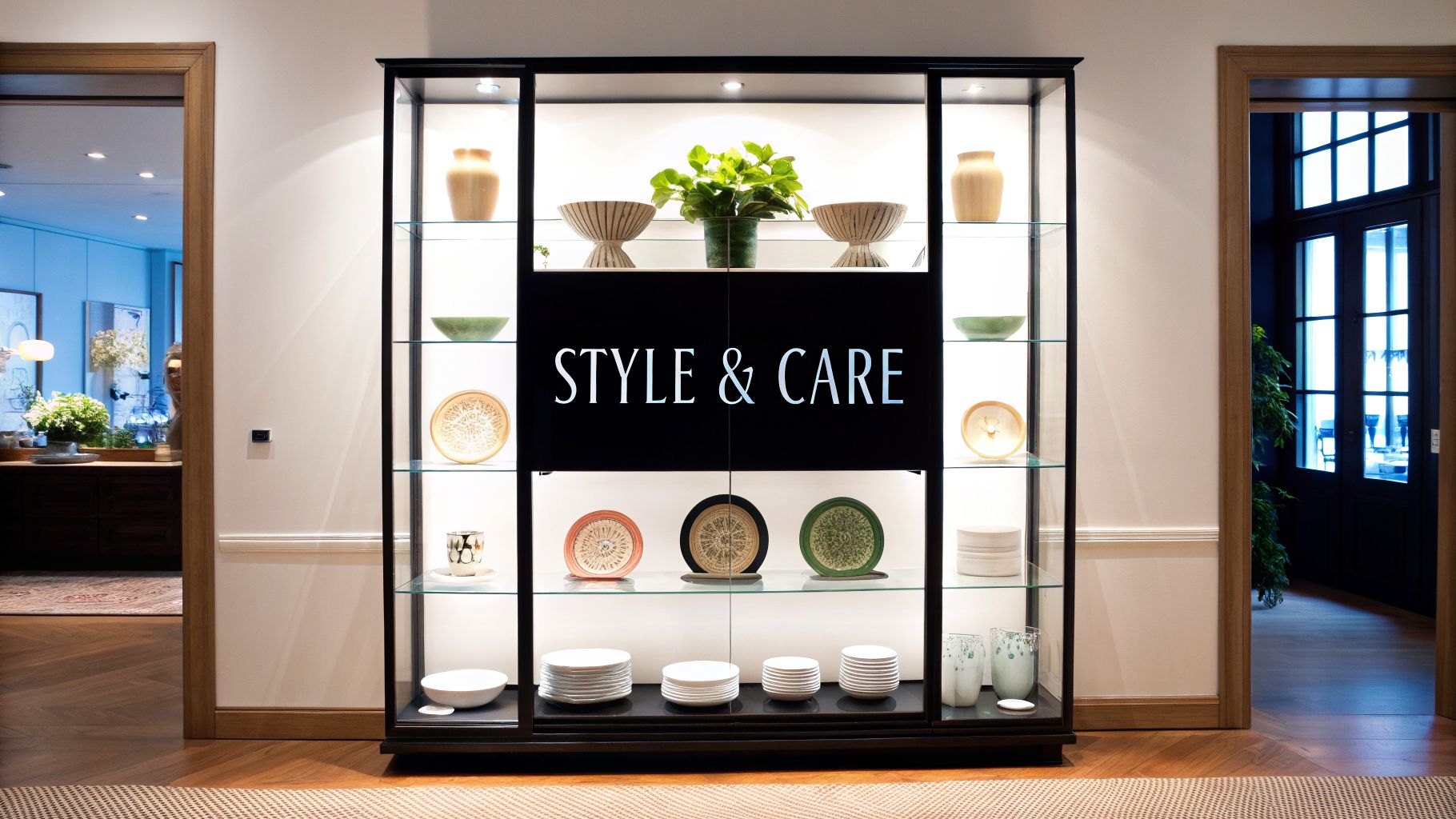 Display cabinet with glass doors showcasing elegant dinnerware, vases, and a 'STYLE & CARE' screen.