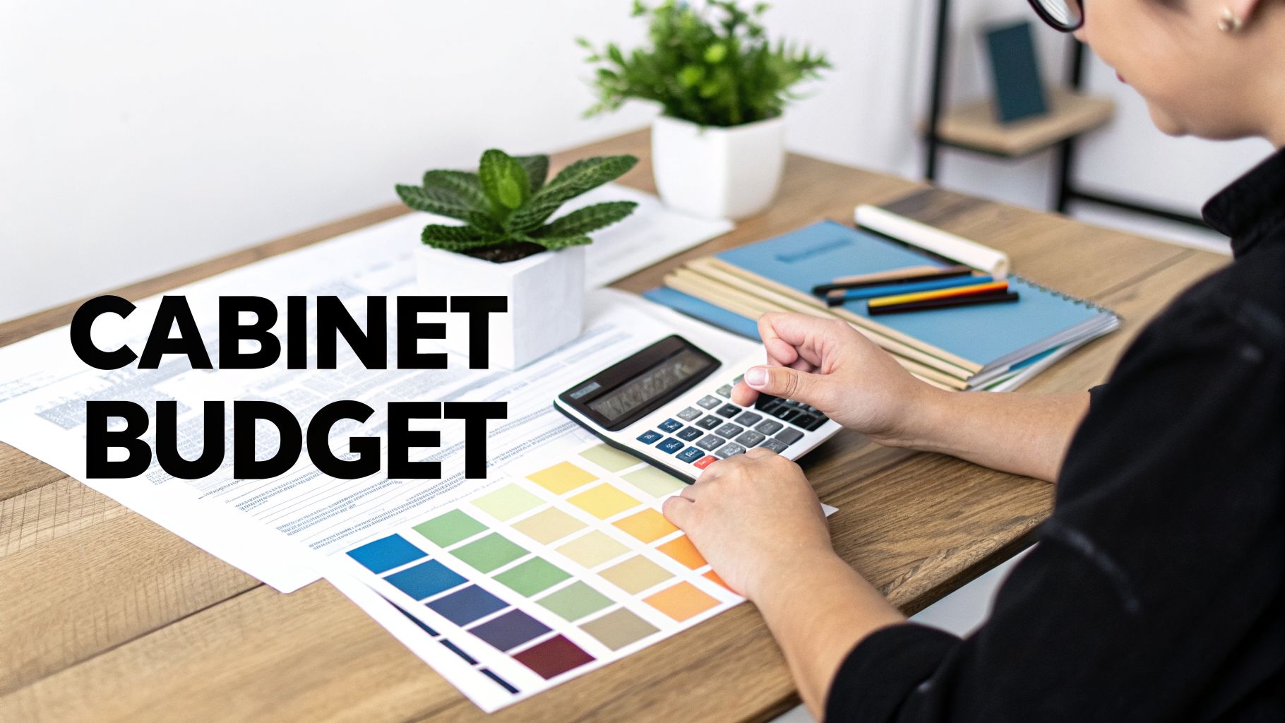 A person calculating a cabinet budget with a calculator, color swatches, and documents on a wooden desk.