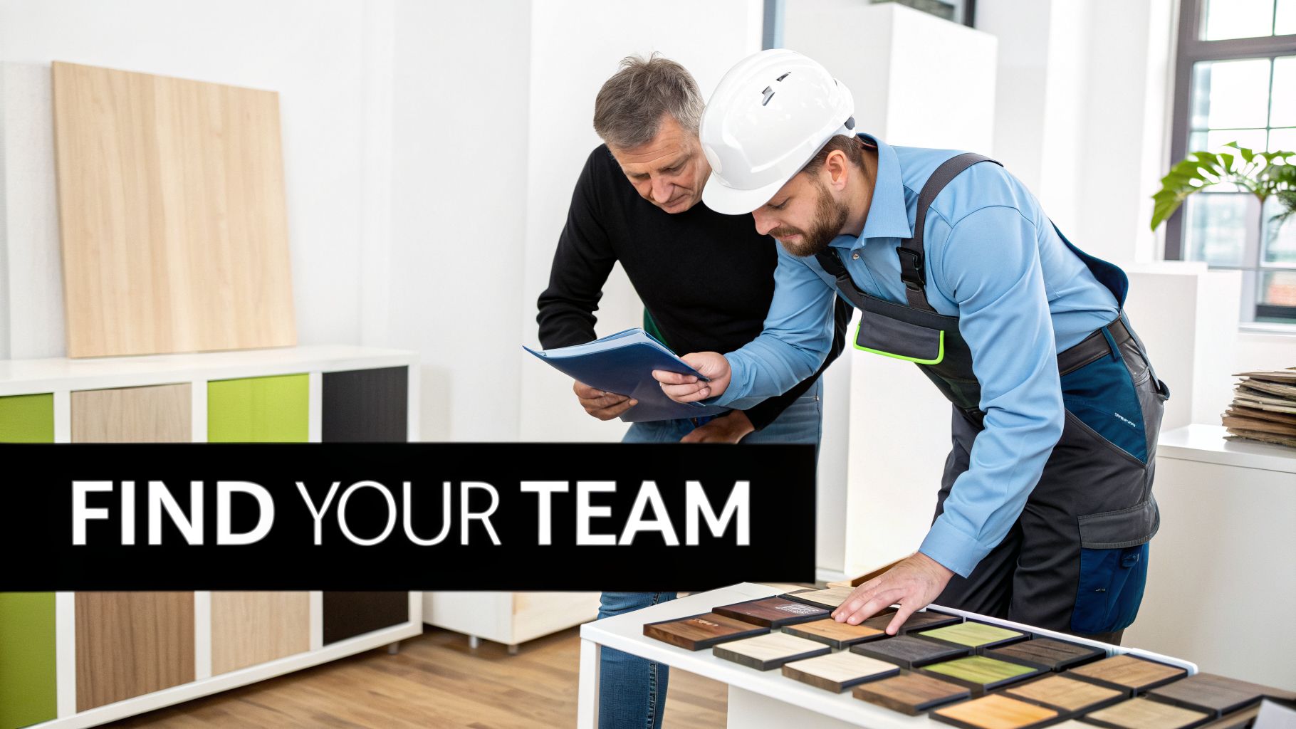 Two men, a contractor and a client, discussing kitchen renovation plans and selecting material samples.