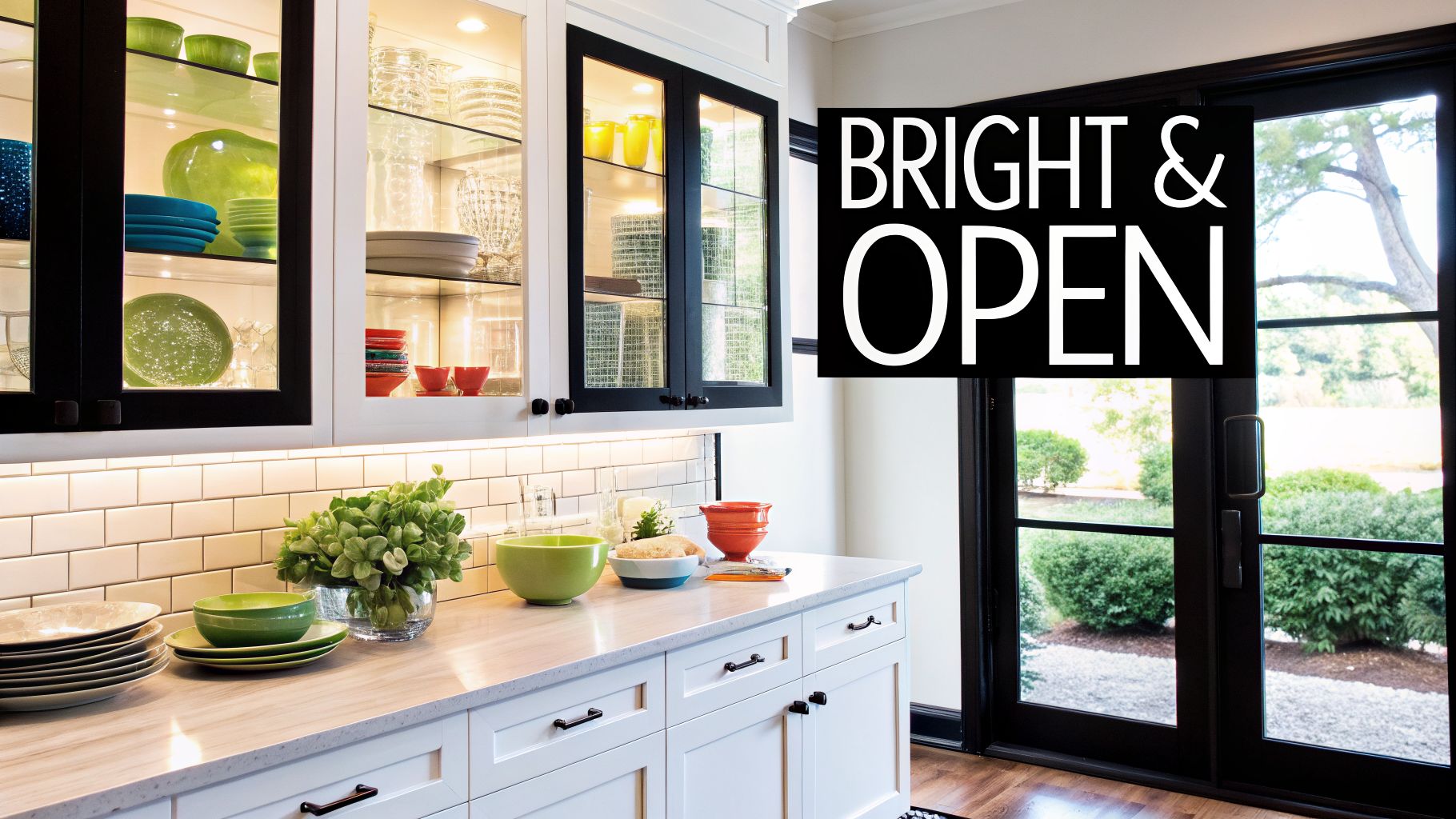 Bright modern kitchen with white cabinetry, illuminated glass-door display cabinets, and large black-framed sliding patio doors.