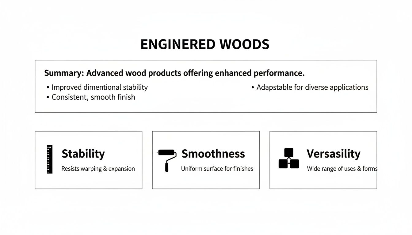 An infographic highlighting the benefits of engineered woods, including stability, smoothness, and versatility for diverse applications.