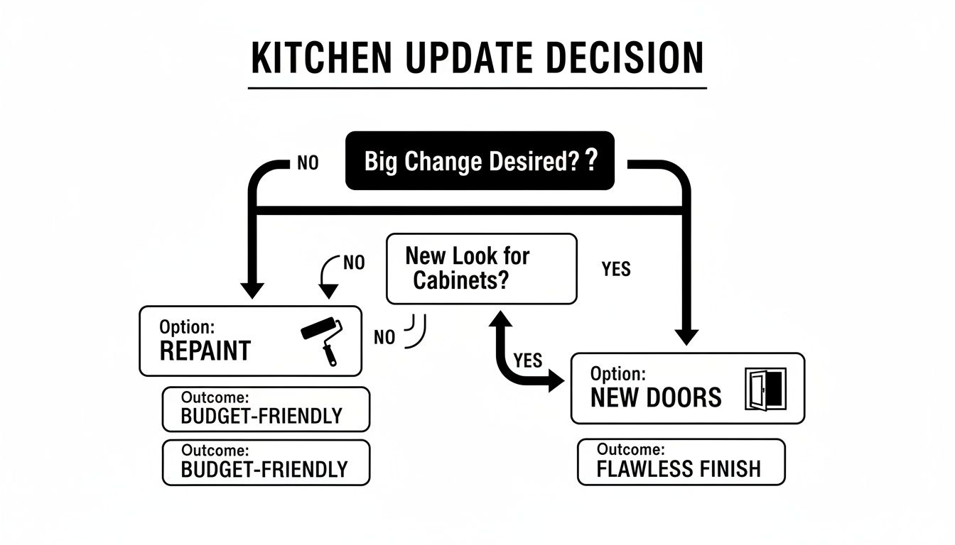 A decision tree flowchart for kitchen cabinet updates, showing options based on desired change and look.