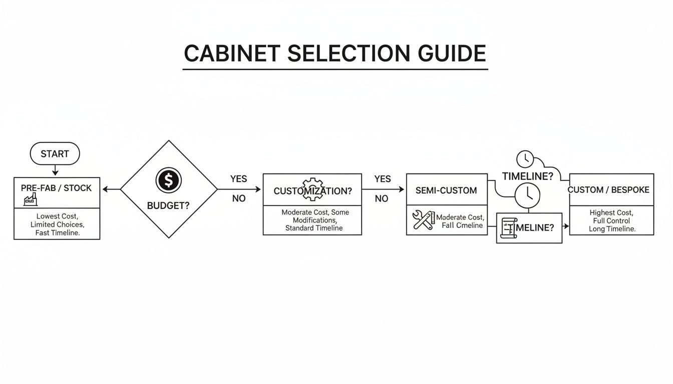 A flowchart titled 'Cabinet Selection Guide' outlining options from pre-fab to custom based on budget, customization, and timeline.