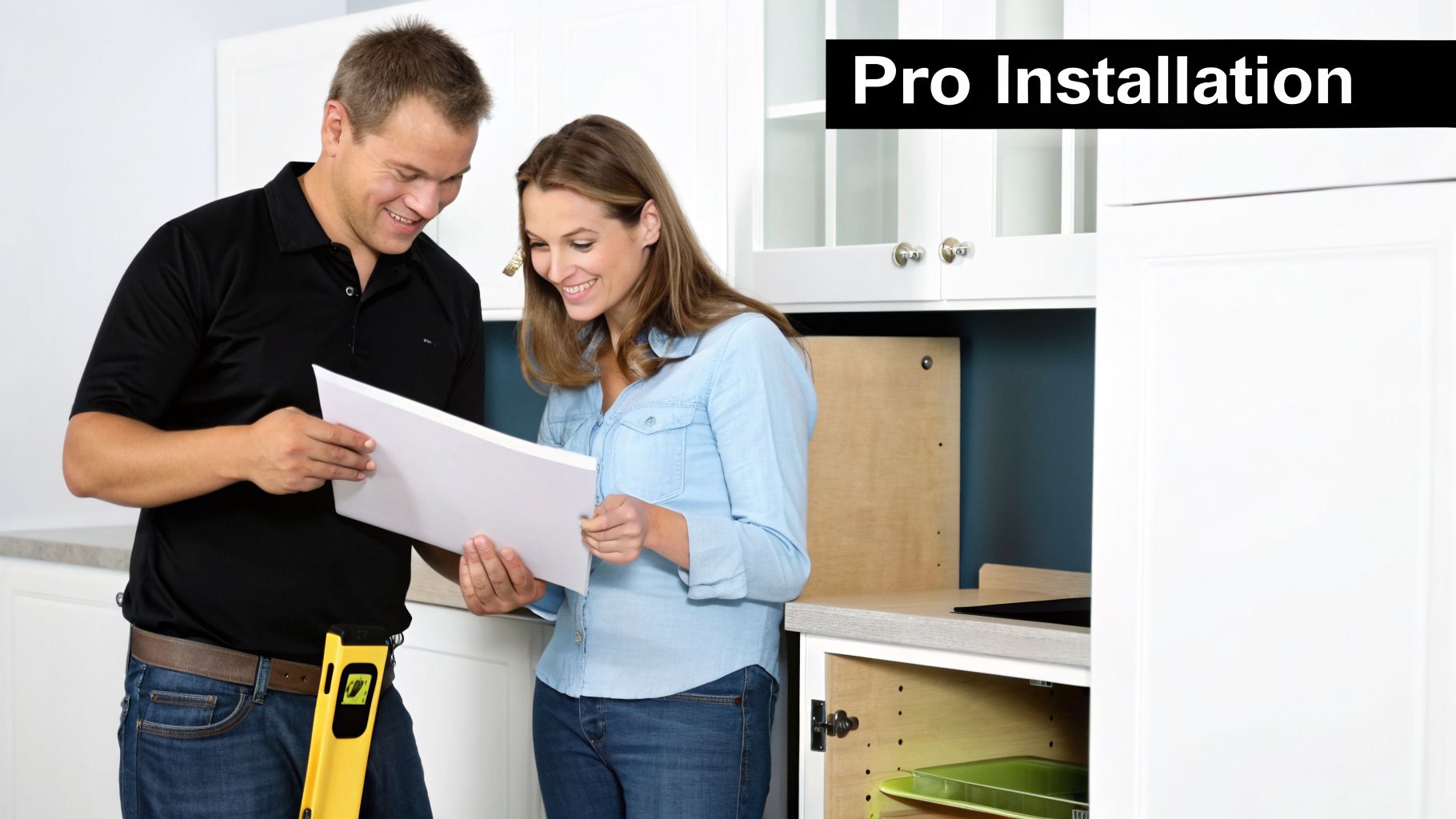 A professional installer and a woman review kitchen plans for a drawer microwave installation.