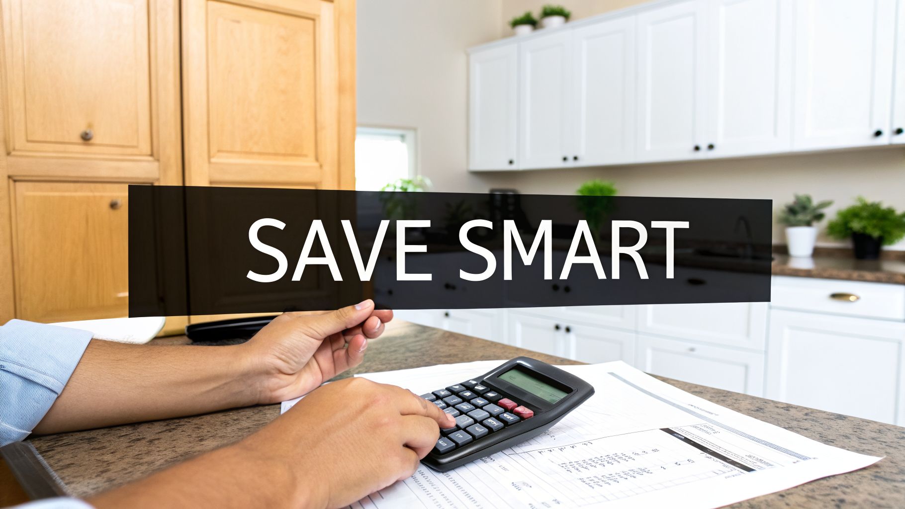 A person uses a calculator and reviews documents on a kitchen counter with a "SAVE SMART" text overlay.