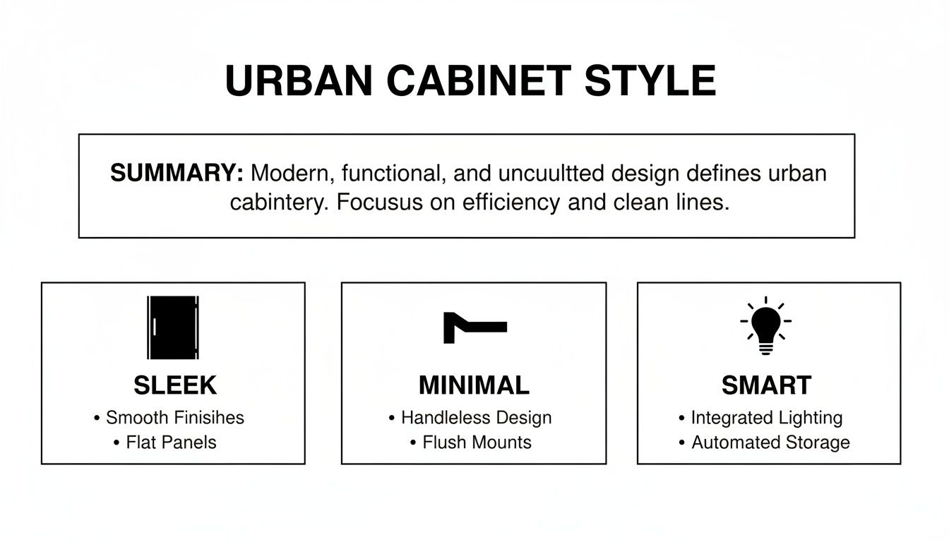 A diagram outlining urban cabinet styles, detailing sleek, minimal, and smart design features and benefits.