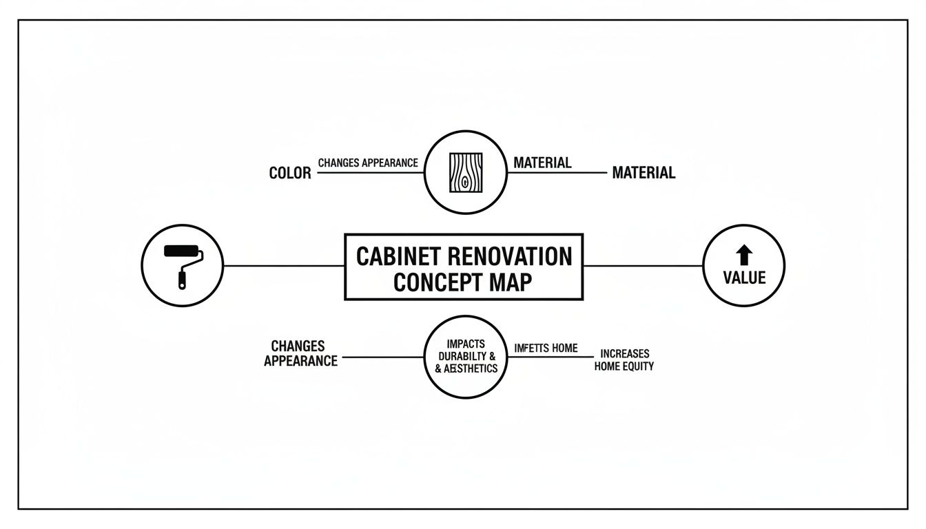 A cabinet renovation concept map illustrating how color and material changes impact durability, aesthetics, and home value.