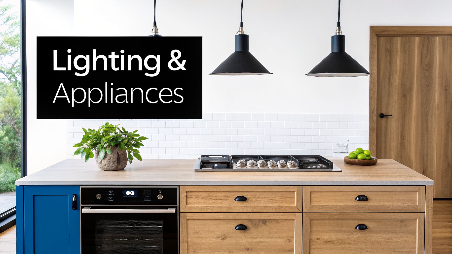 A modern kitchen island with a built-in oven, stovetop, and two black pendant lights.
