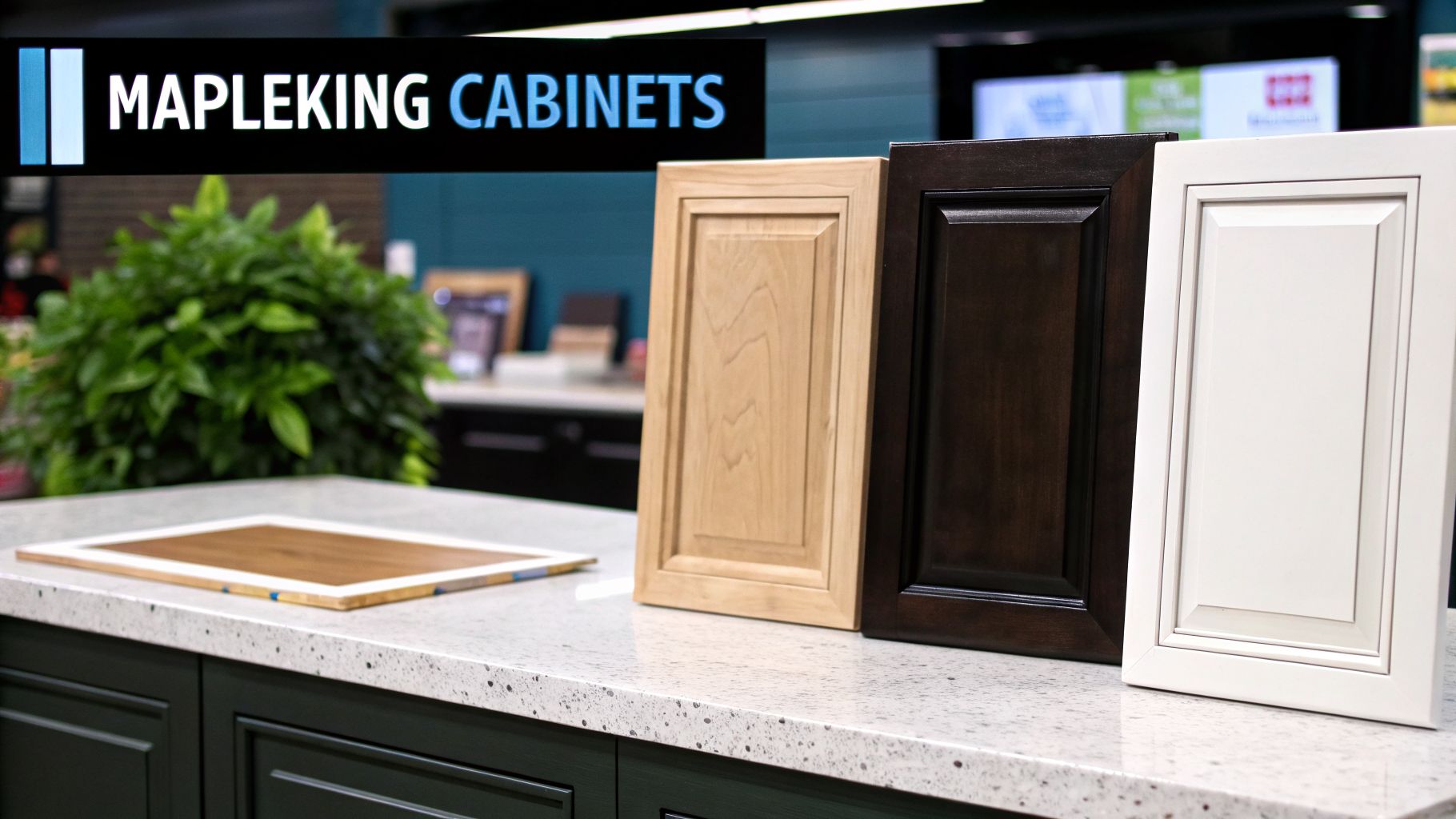 Mapleking Cabinets displays three different cabinet door styles and finishes on a counter.