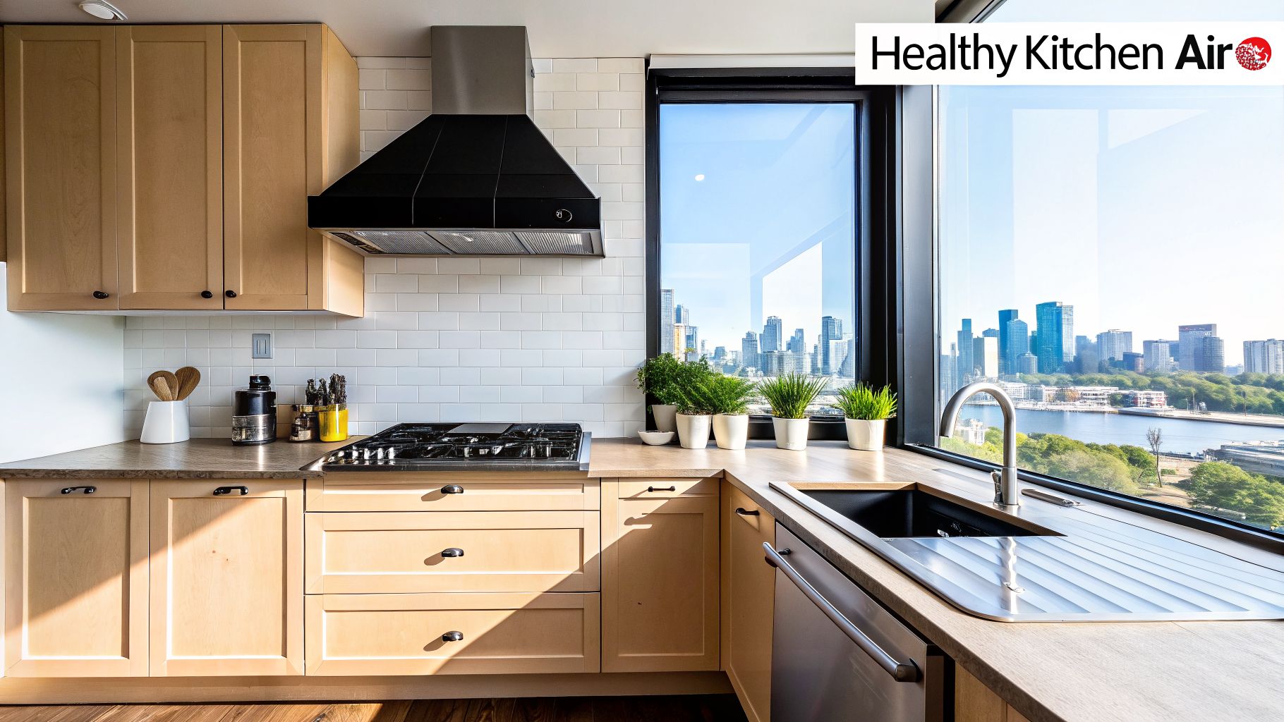 Modern kitchen with light wood cabinets, black range hood, gas stove, and city skyline view.