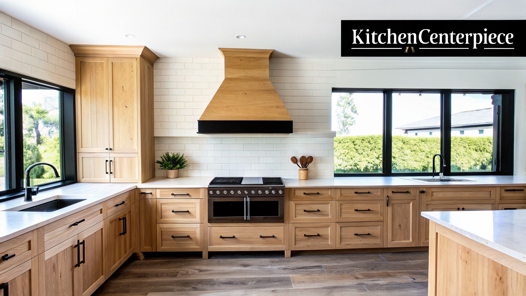 Modern kitchen with natural wood cabinets, white subway tiles, and a stylish wooden range hood above a gas range.