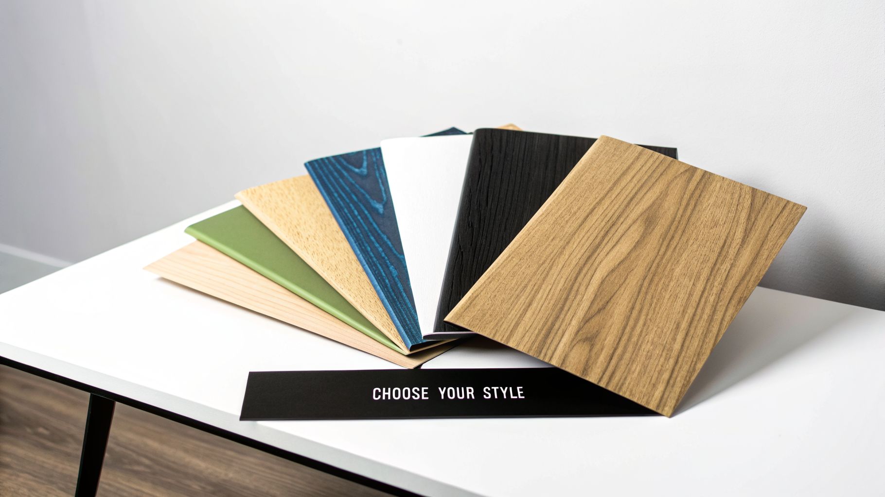 A fan of diverse material samples in various colors and wood grains with a 'CHOOSE YOUR STYLE' sign.