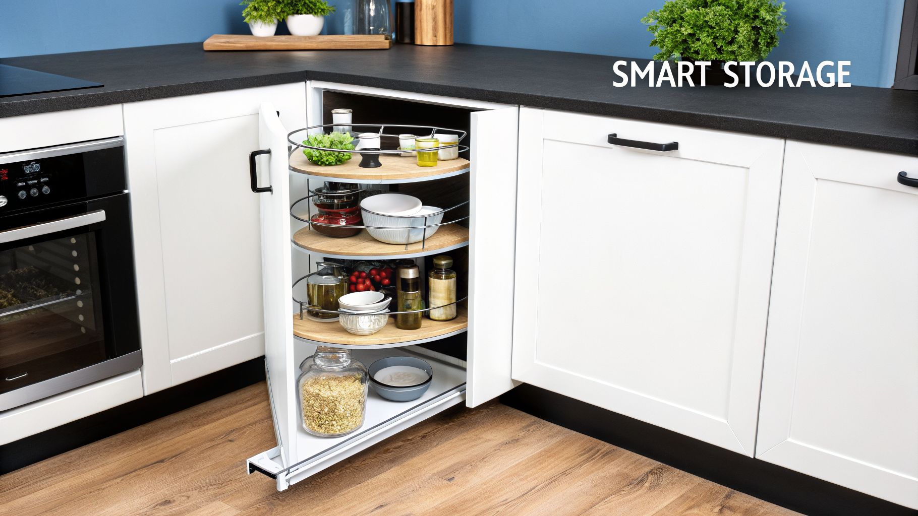 A modern L-shaped kitchen with white cabinets and a smart pull-out corner storage unit.