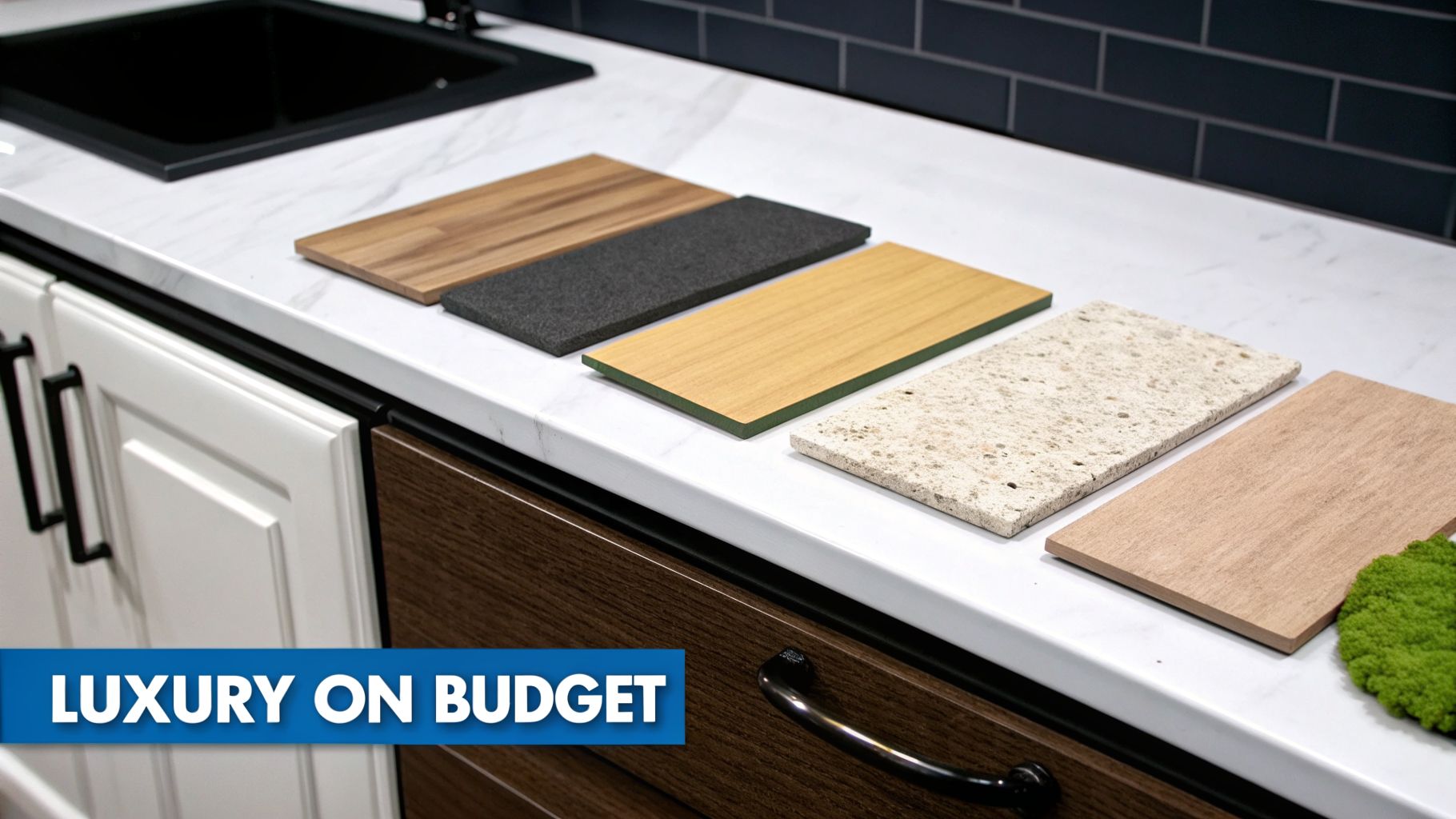 Kitchen countertop showcasing various material samples like wood and stone for a remodel.