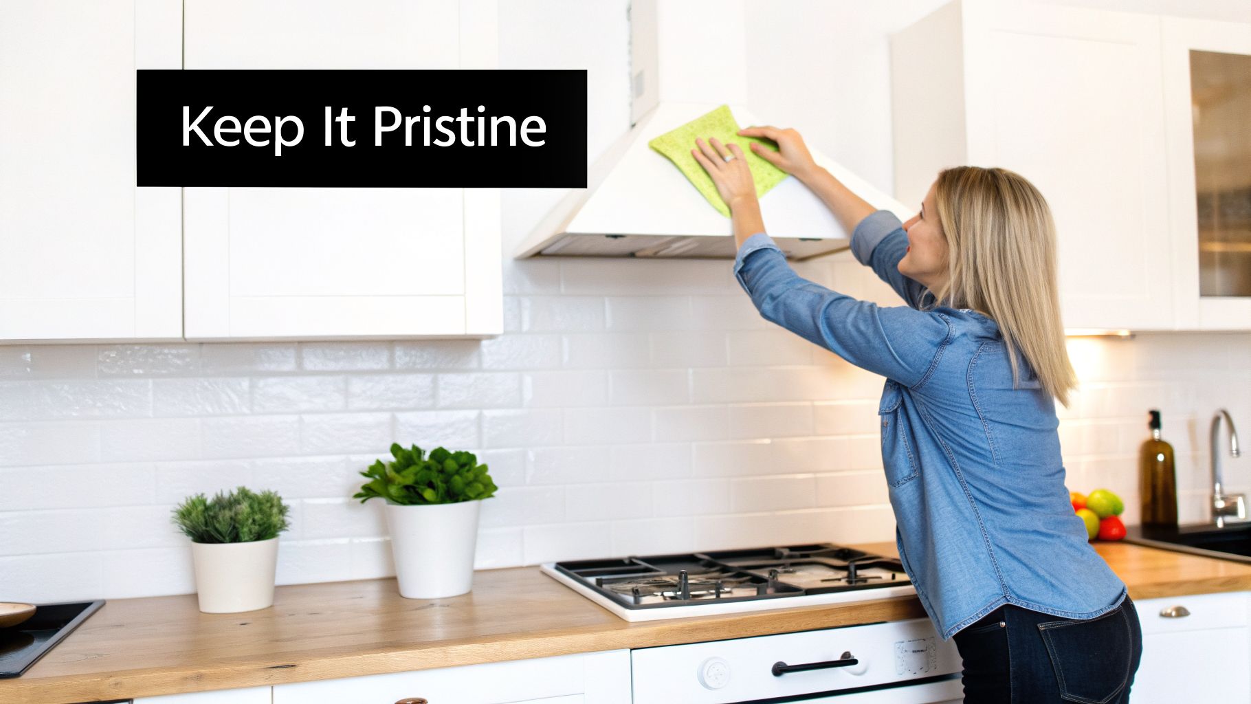 A woman in a modern white kitchen diligently cleaning the range hood with a green cloth.