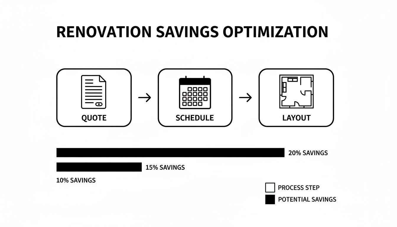 Diagram illustrating renovation savings optimization process from quote to layout, showing potential savings.