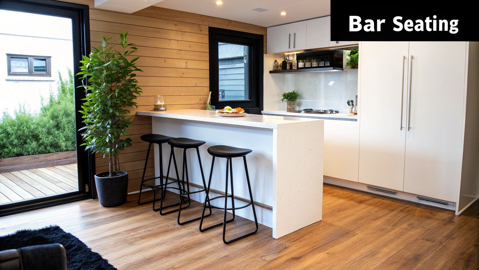 Modern kitchen with a white island, bar seating, three black stools, a wooden wall, and a plant.