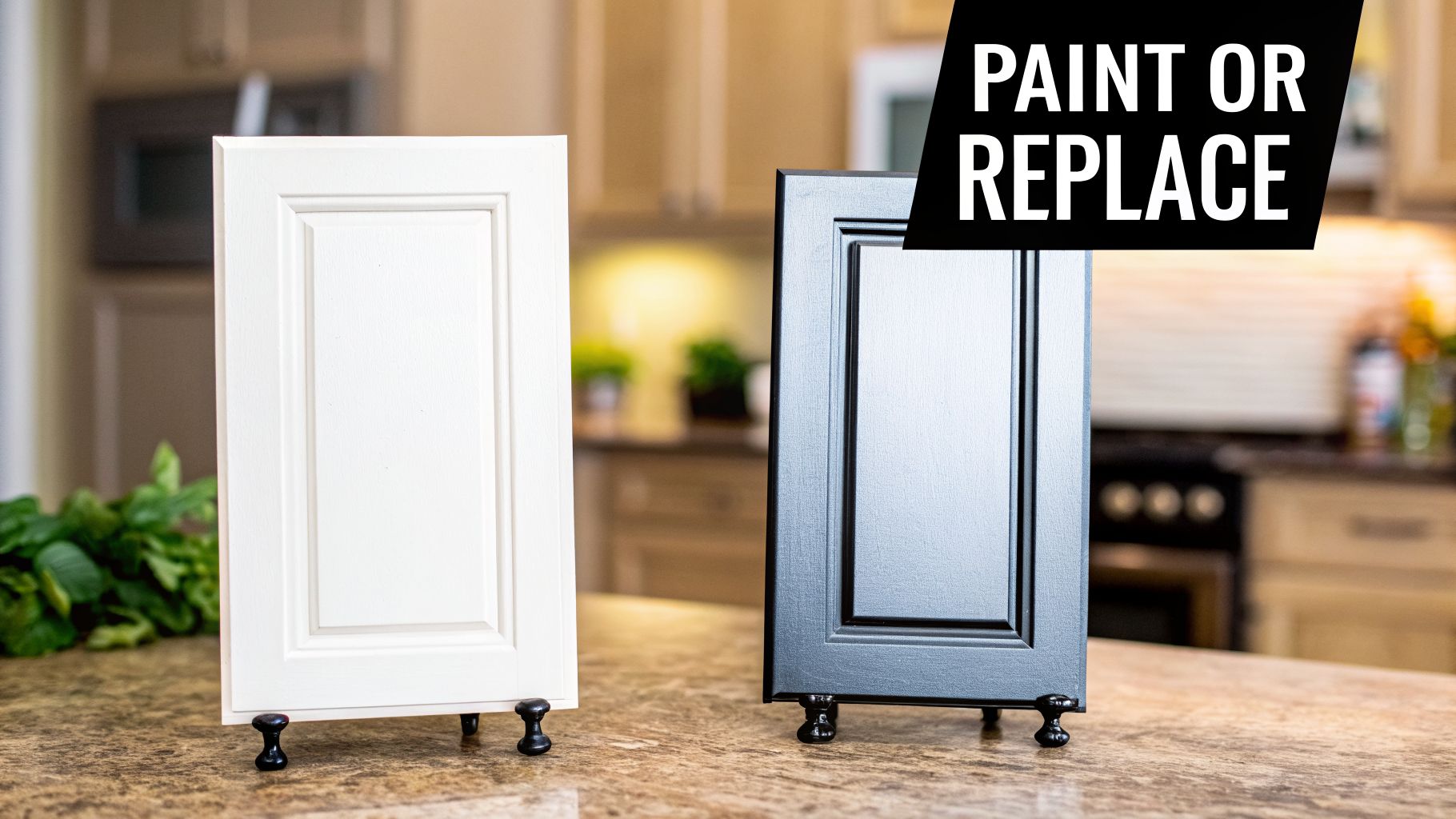 Two kitchen cabinet door samples, one white and one dark gray, on a countertop, with 'PAINT OR REPLACE' banner.